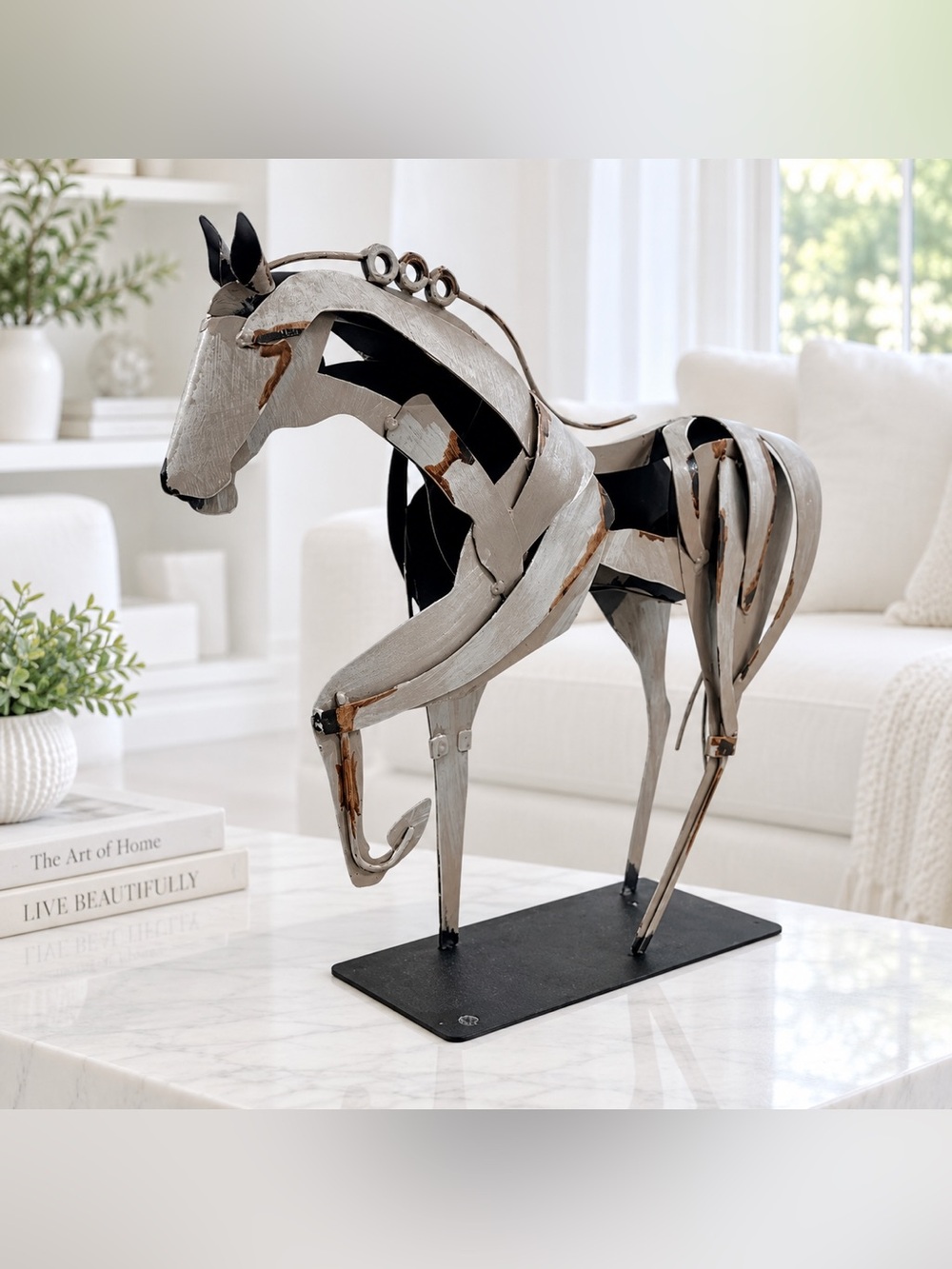 Abstract Metal Horse Sculpture Silver Equestrian Art Rustic Industrial Decor
